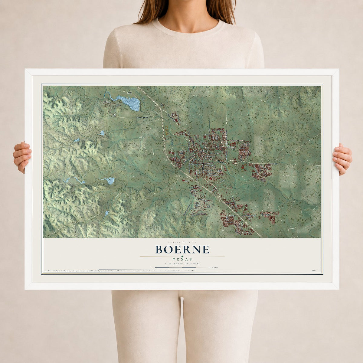 Map of Boerne, Texas, 24 x 36 inch print in a white wood frame