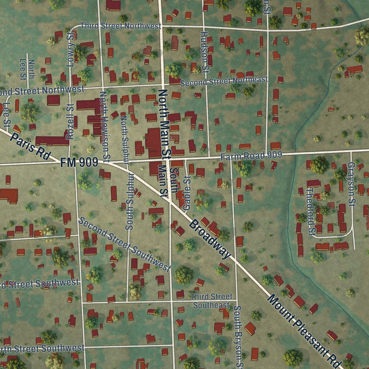 Close-up of the map of Bogata, Texas print showing street and building detail