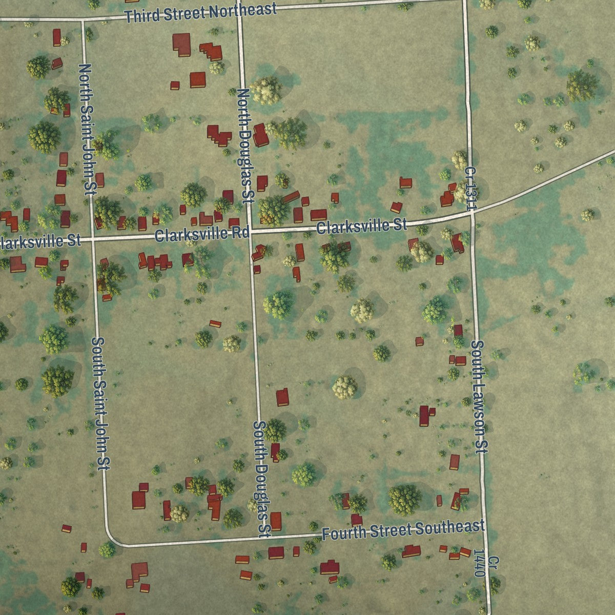 Second close-up of the map of Bogata, Texas print showing more streets and buildings