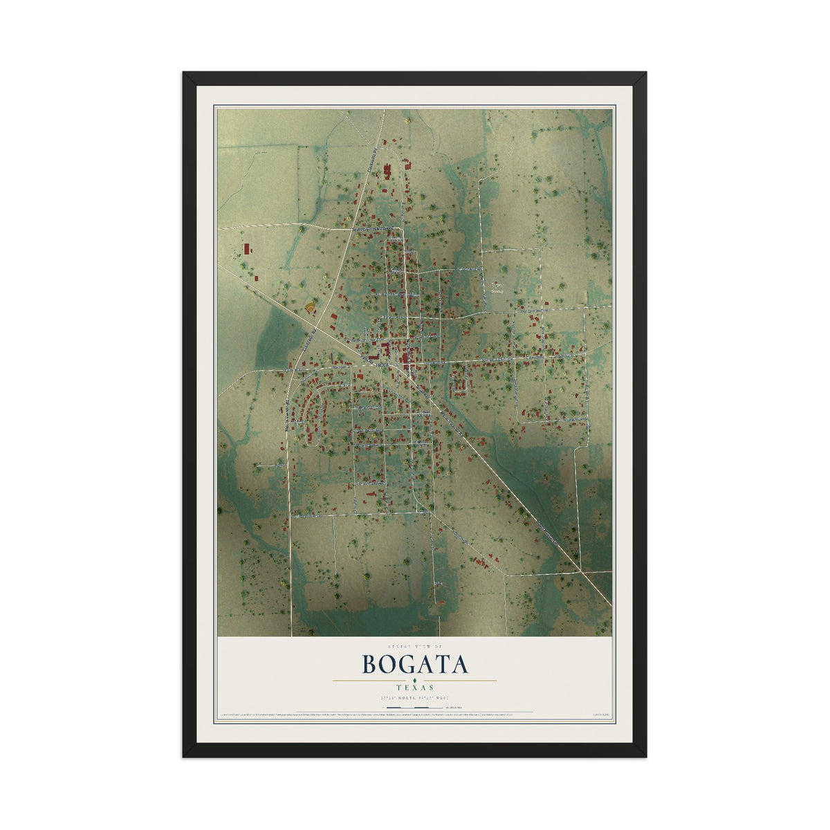 Map of Bogata, Texas, 12 x 18 inch print in a black wood frame
