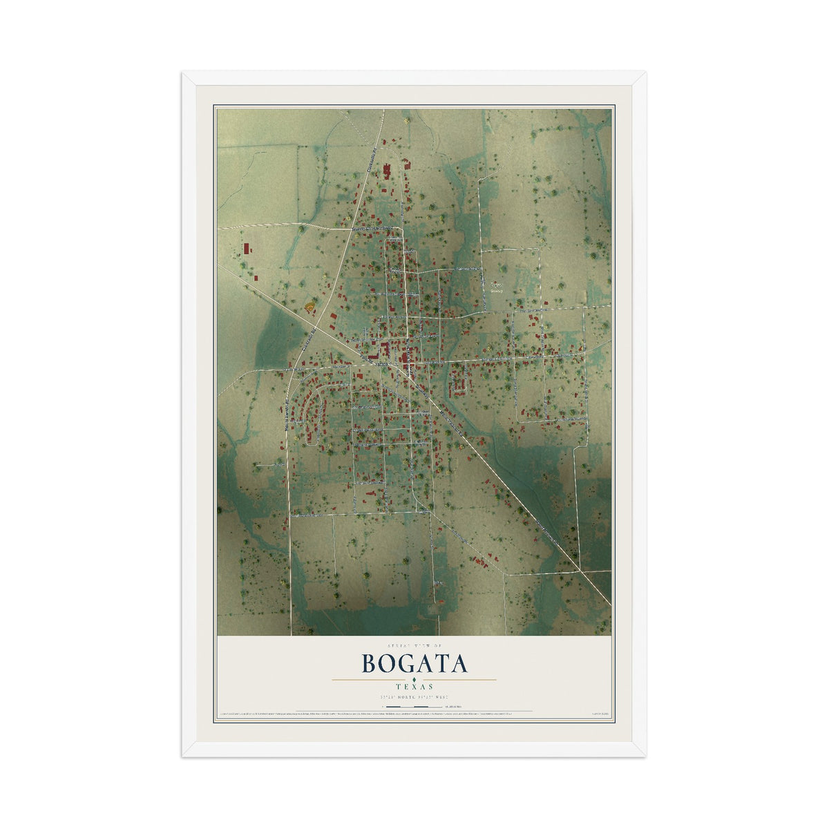 Map of Bogata, Texas, 12 x 18 inch print in a white wood frame