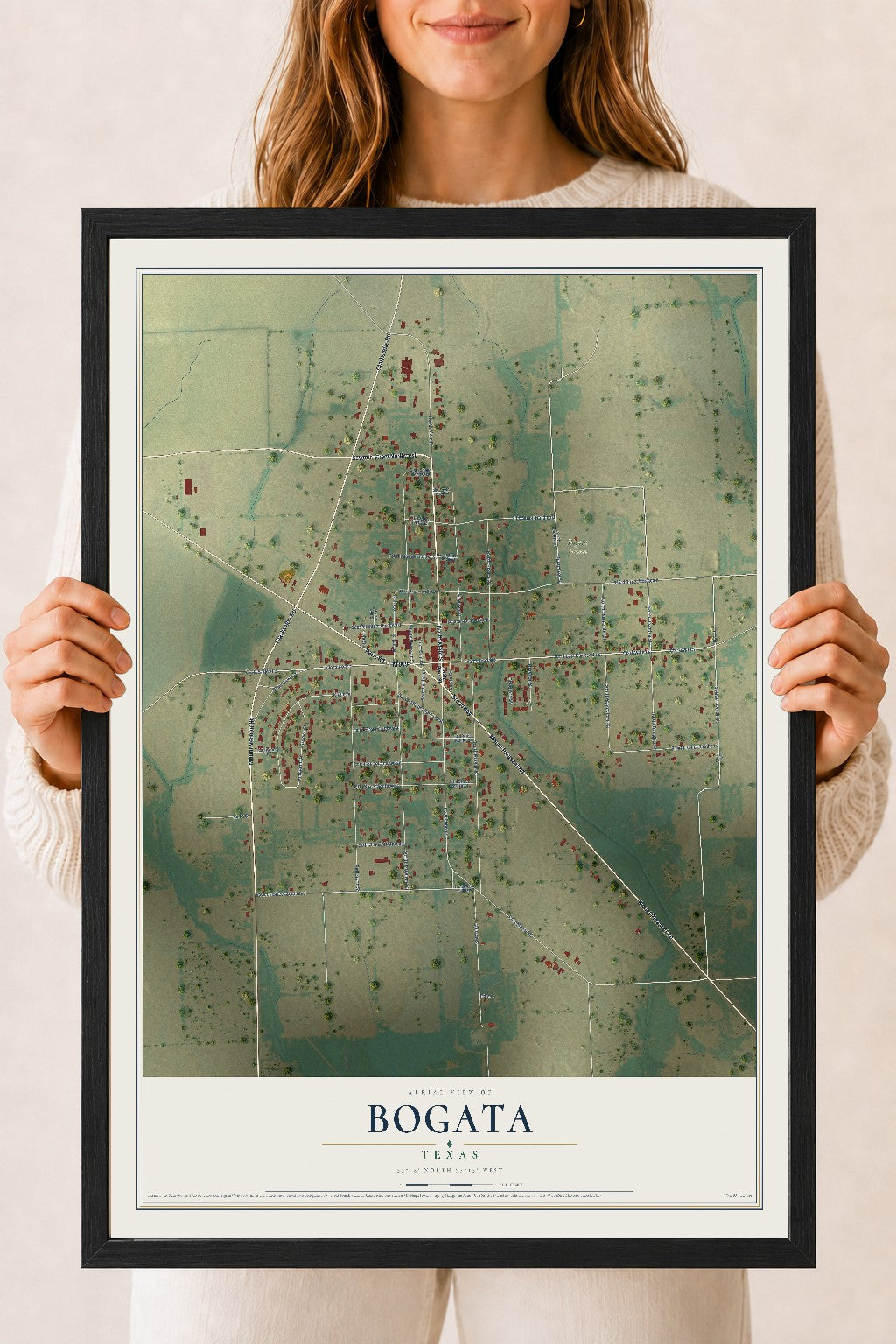 Map of Bogata, Texas, 18 x 24 inch print in a black wood frame