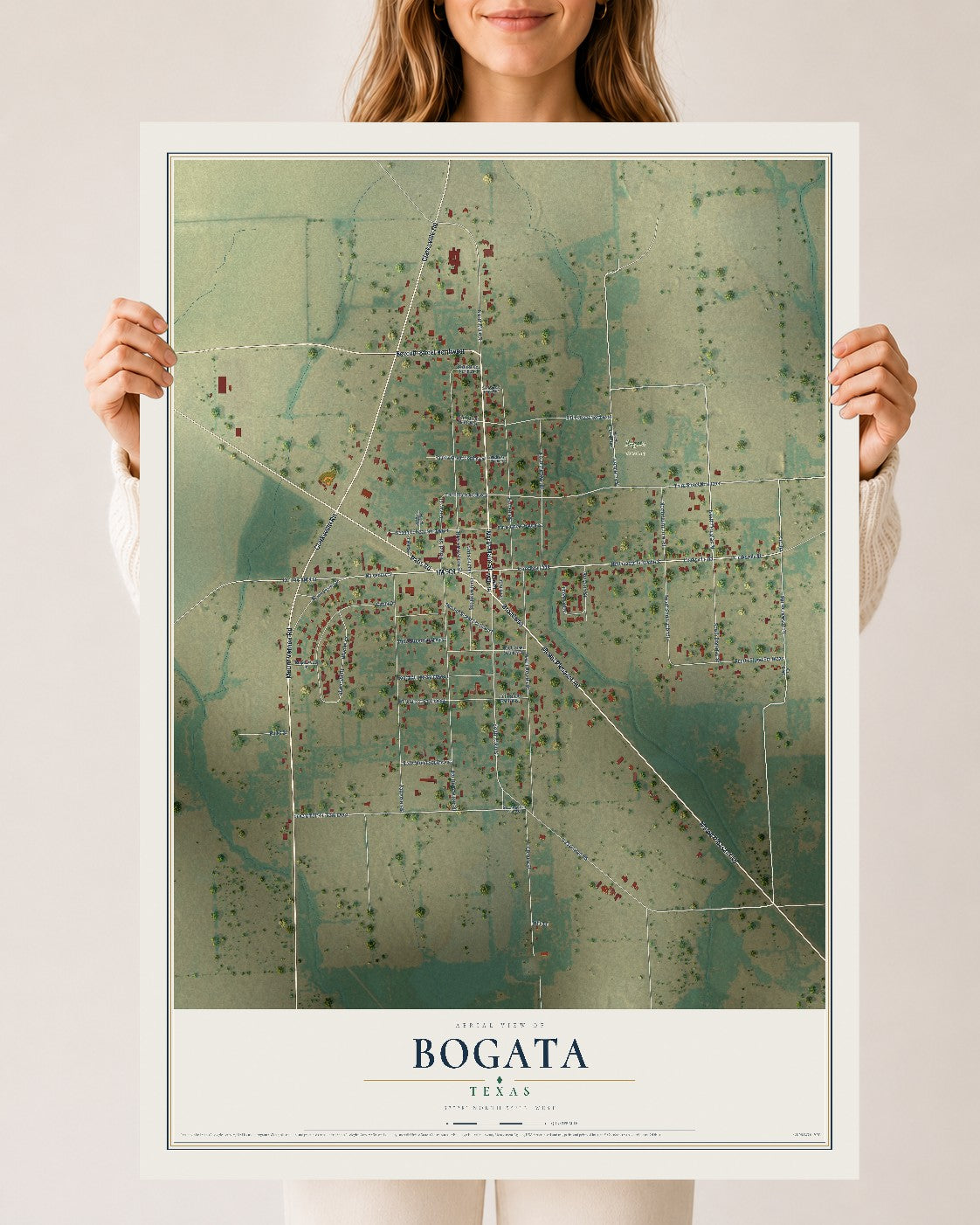 Map of Bogata, Texas, 24 x 36 inch unframed archival matte print