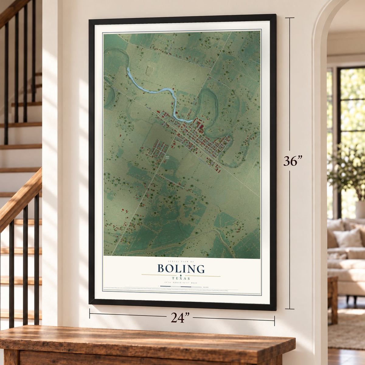 Boling, Texas map, 24 x 36 inch print in a black frame by a staircase