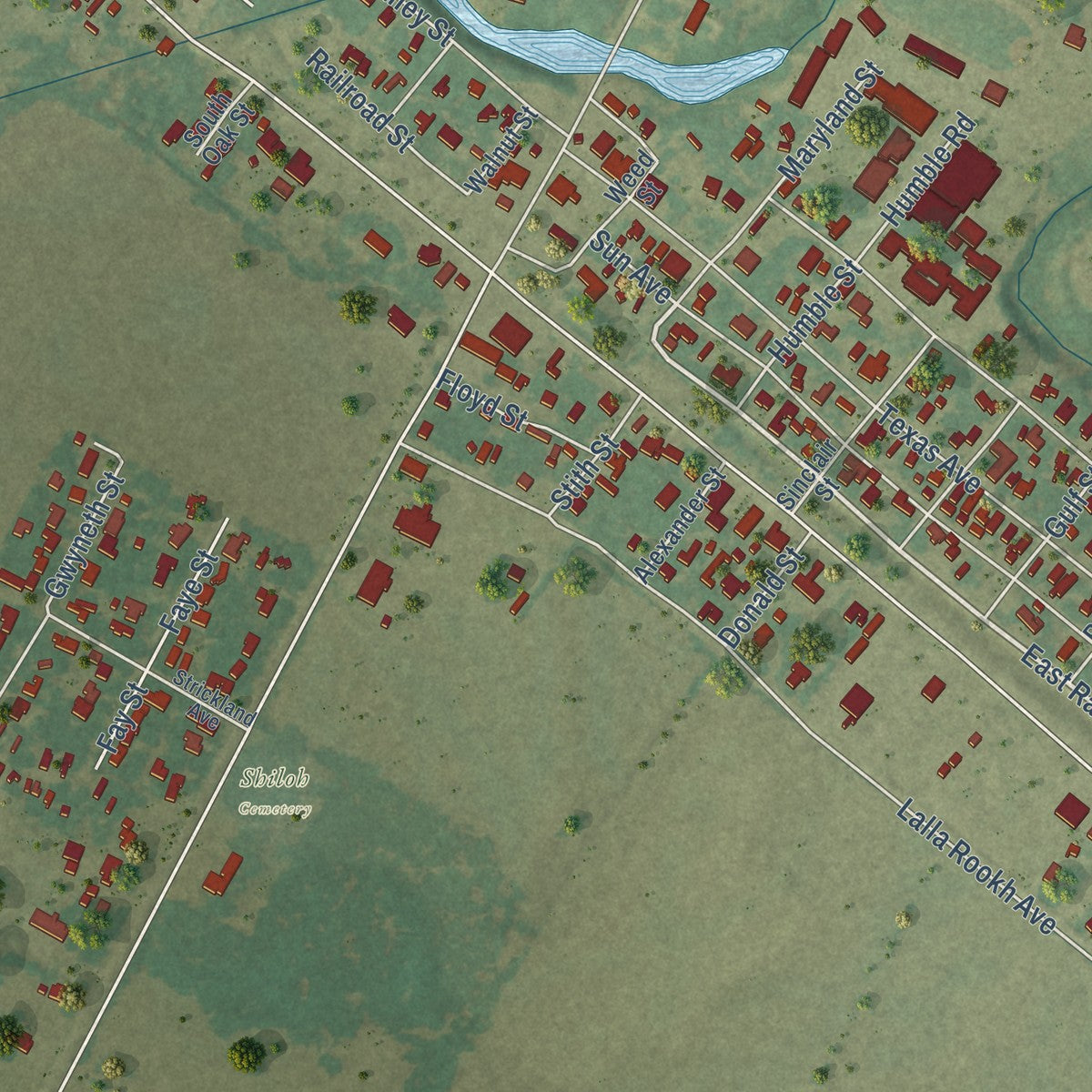Close-up of the map of Boling, Texas print showing street and building detail
