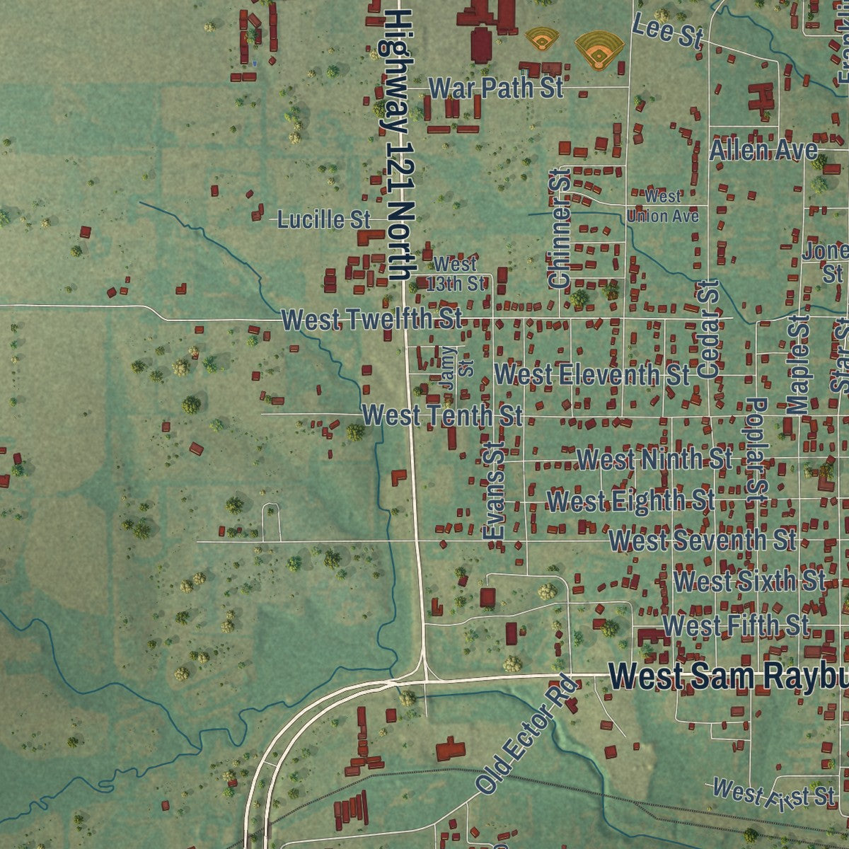 Close-up of the map of Bonham, Texas print showing street and building detail