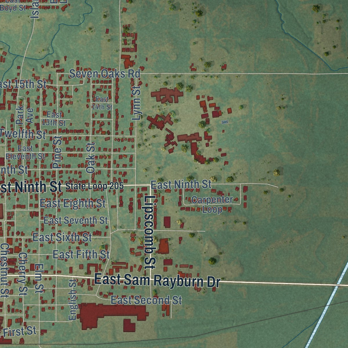 Second close-up of the map of Bonham, Texas print showing more streets and buildings