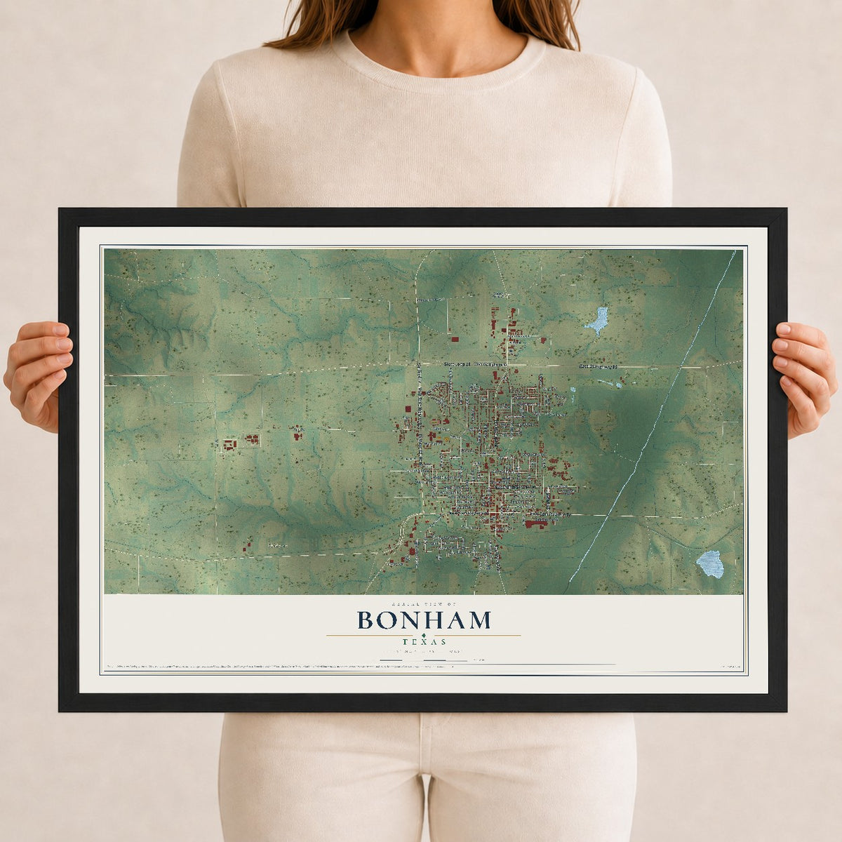 Map of Bonham, Texas, 12 x 18 inch print in a black wood frame