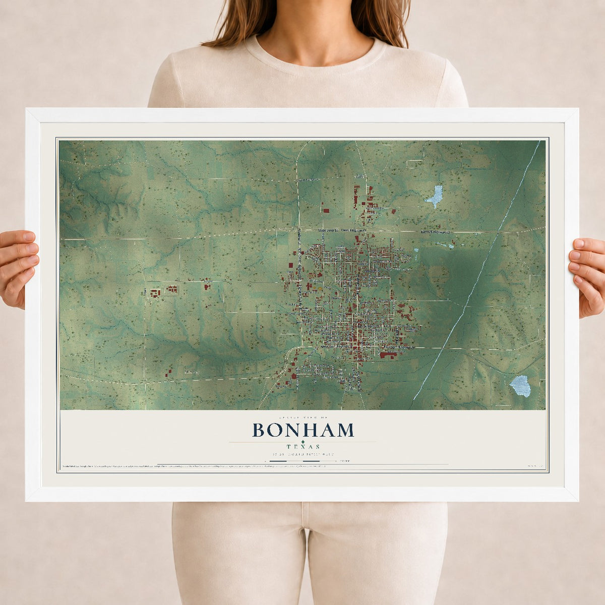 Map of Bonham, Texas, 18 x 24 inch print in a white wood frame
