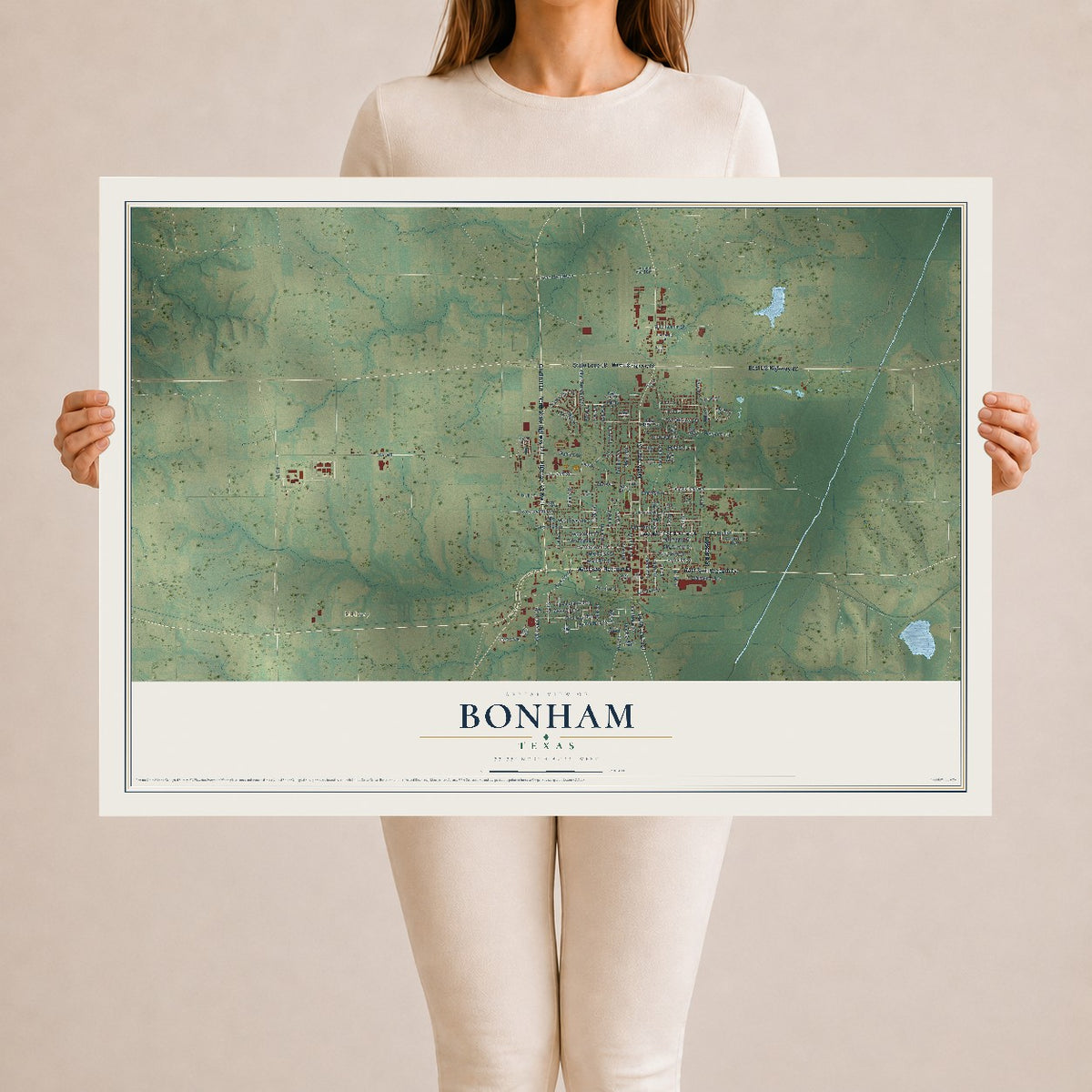 Map of Bonham, Texas, 24 x 36 inch unframed archival matte print