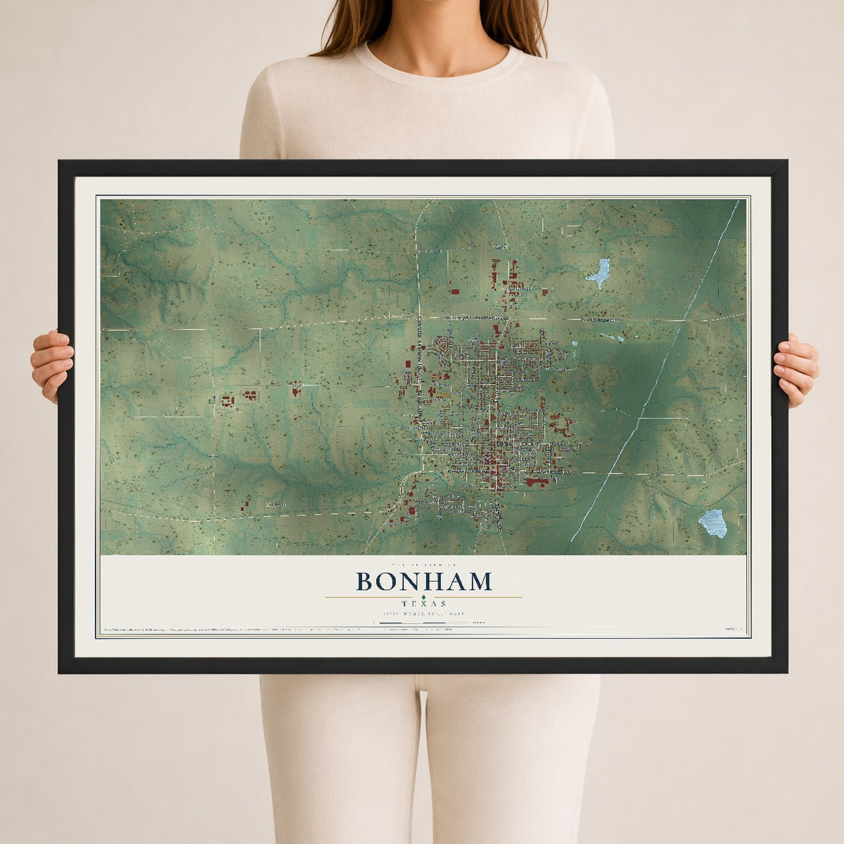 Map of Bonham, Texas, 24 x 36 inch print in a black wood frame