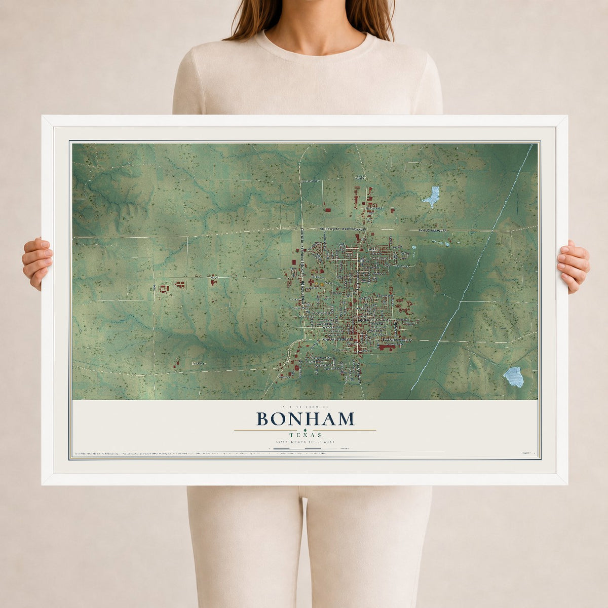 Map of Bonham, Texas, 24 x 36 inch print in a white wood frame