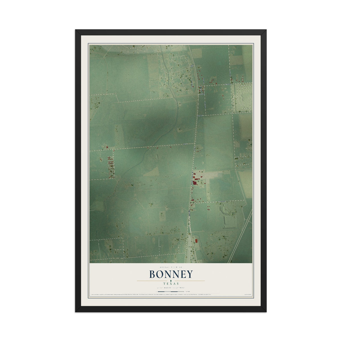 Map of Bonney, Texas, 12 x 18 inch print in a black wood frame