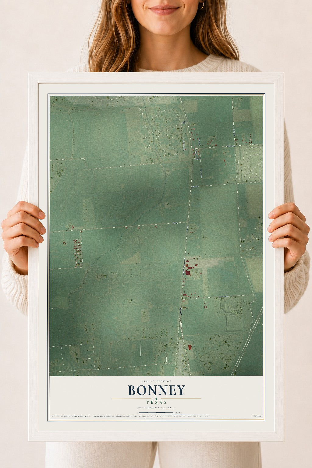 Map of Bonney, Texas, 18 x 24 inch print in a white wood frame