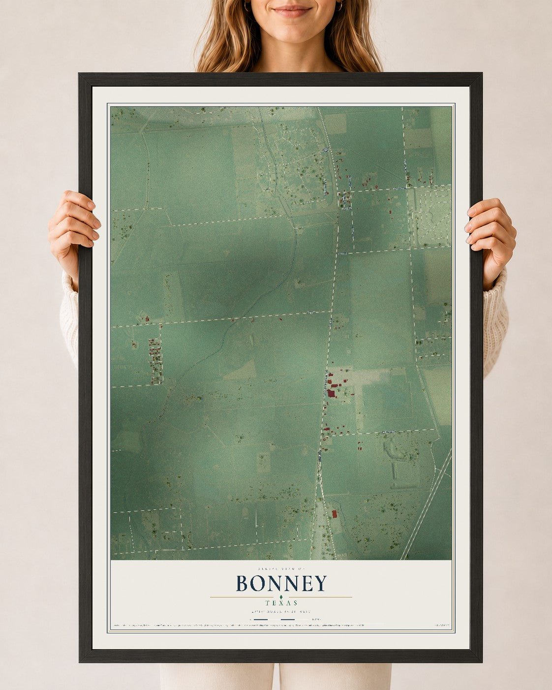 Map of Bonney, Texas, 24 x 36 inch print in a black wood frame
