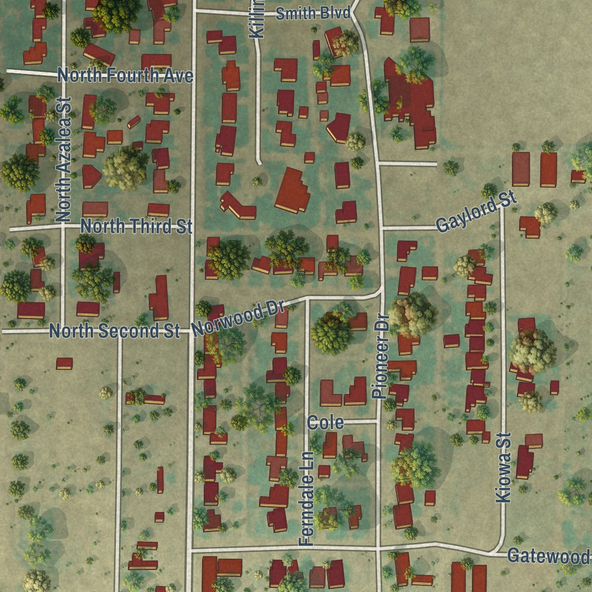 Second close-up of the map of Booker, Texas print showing more streets and buildings