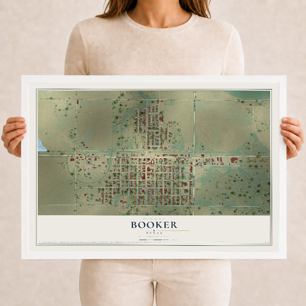 Map of Booker, Texas, 12 x 18 inch print in a white wood frame