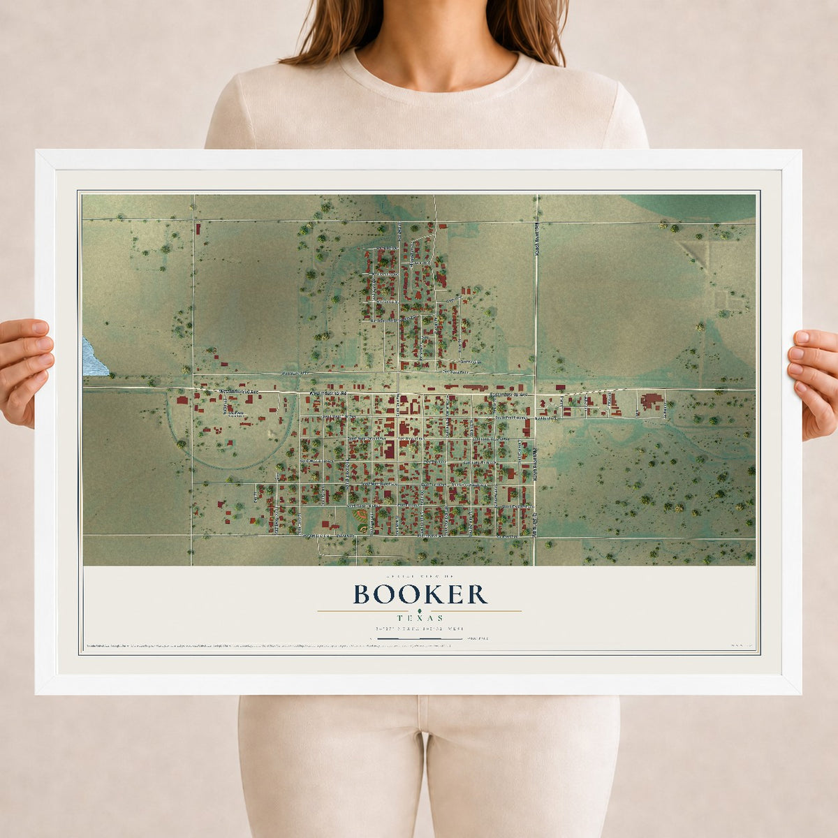 Map of Booker, Texas, 18 x 24 inch print in a white wood frame