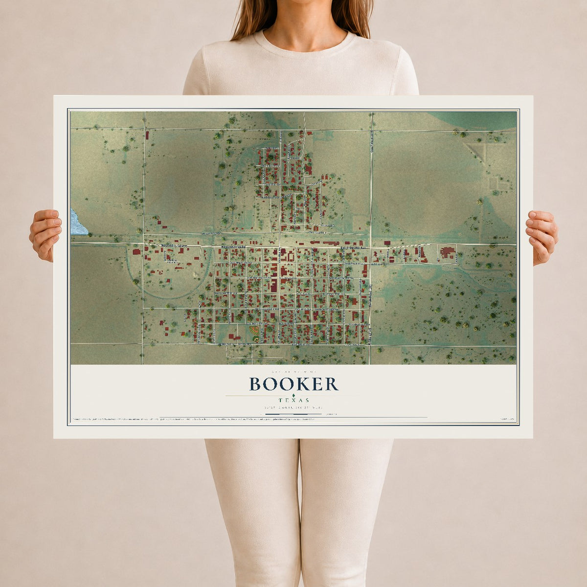 Map of Booker, Texas, 24 x 36 inch unframed archival matte print