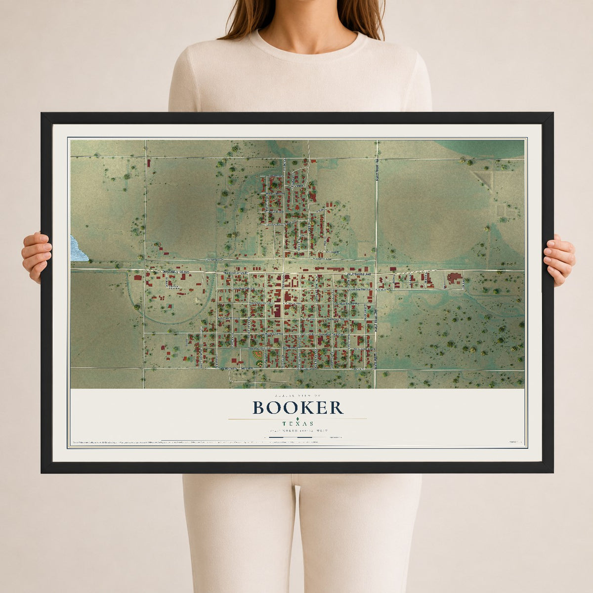 Map of Booker, Texas, 24 x 36 inch print in a black wood frame