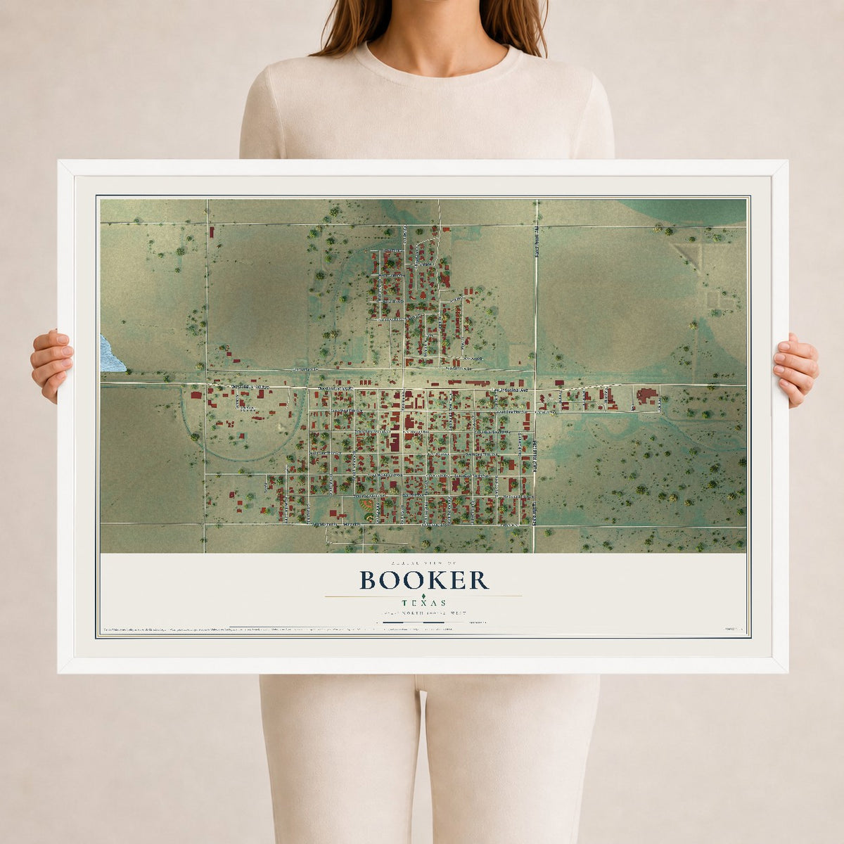 Map of Booker, Texas, 24 x 36 inch print in a white wood frame