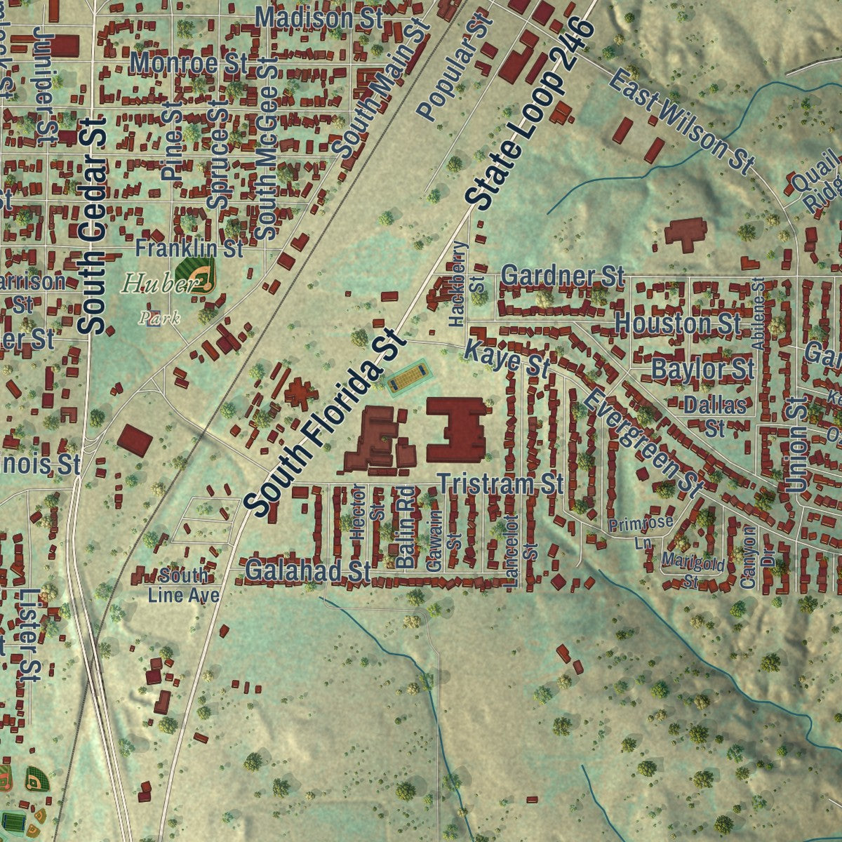 Second close-up of the map of Borger, Texas print showing more streets and buildings