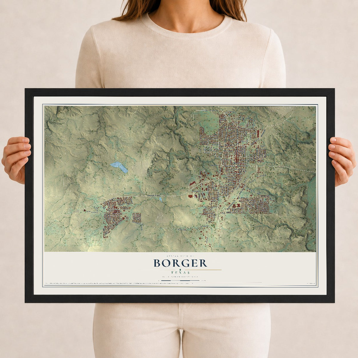 Map of Borger, Texas, 12 x 18 inch print in a black wood frame