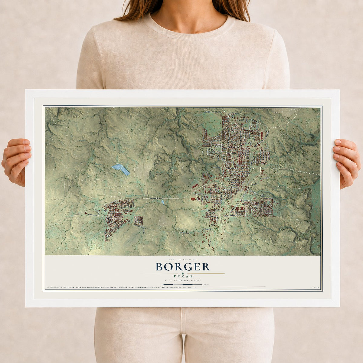 Map of Borger, Texas, 12 x 18 inch print in a white wood frame