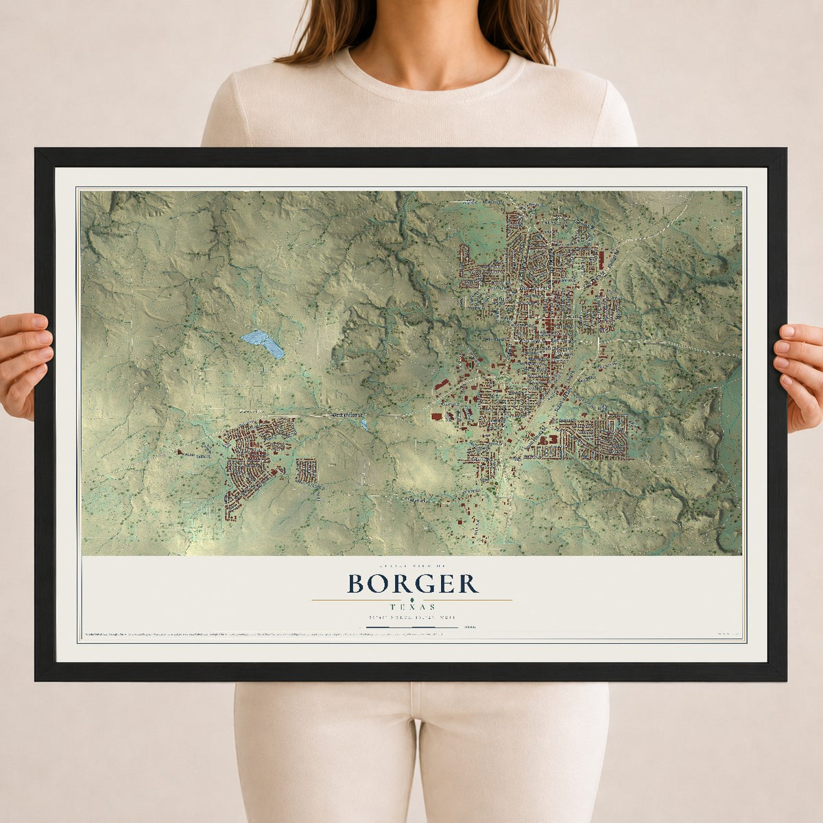 Map of Borger, Texas, 18 x 24 inch print in a black wood frame