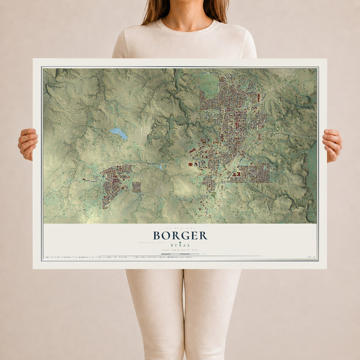 Map of Borger, Texas, 24 x 36 inch unframed archival matte print