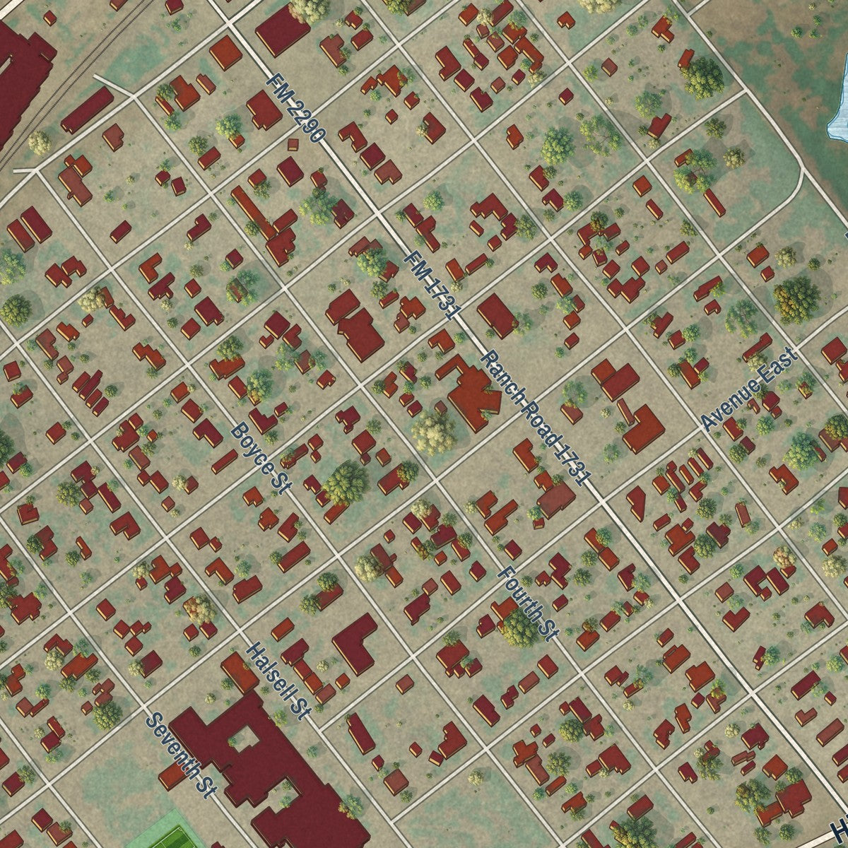 Close-up of the map of Bovina, Texas print showing street and building detail