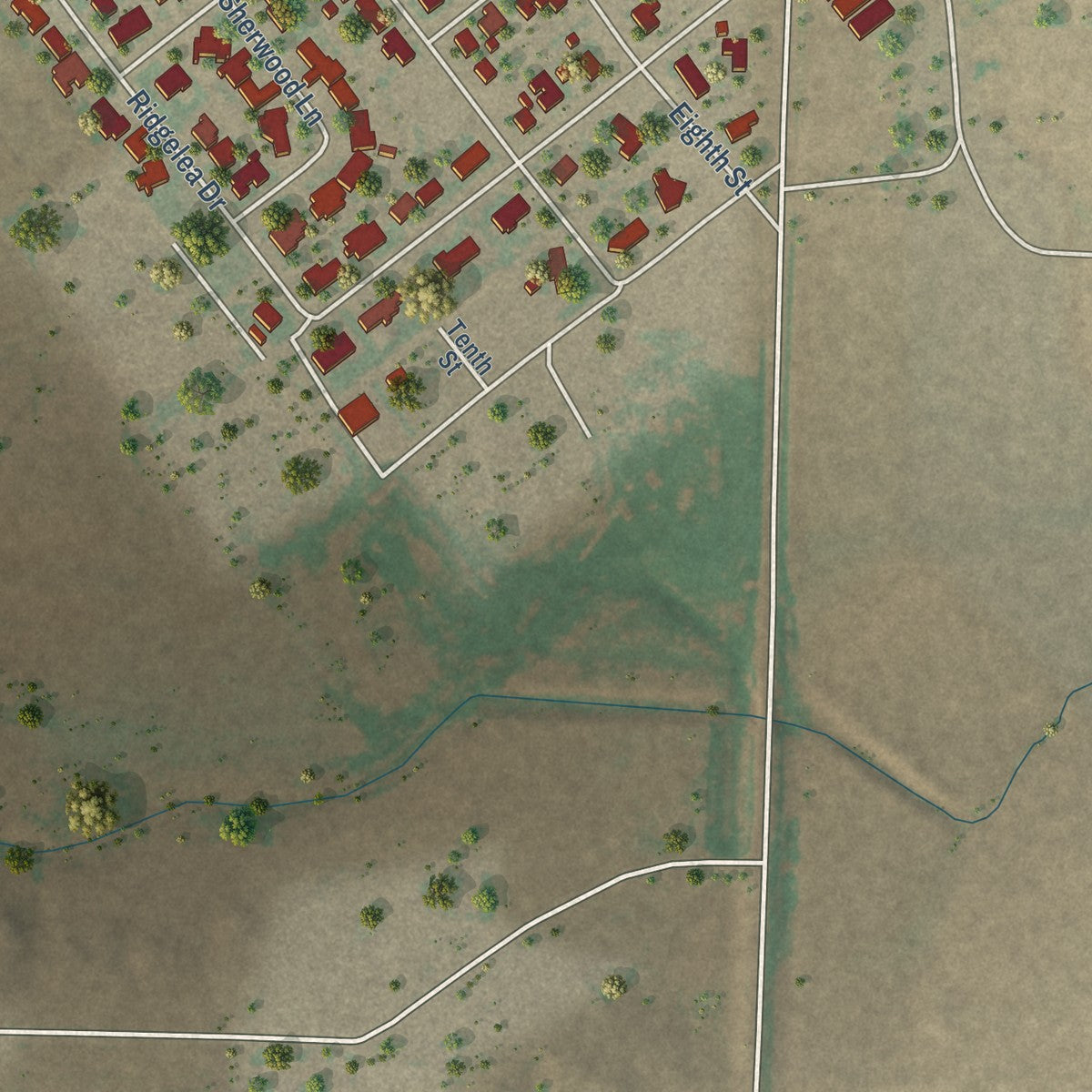 Second close-up of the map of Bovina, Texas print showing more streets and buildings