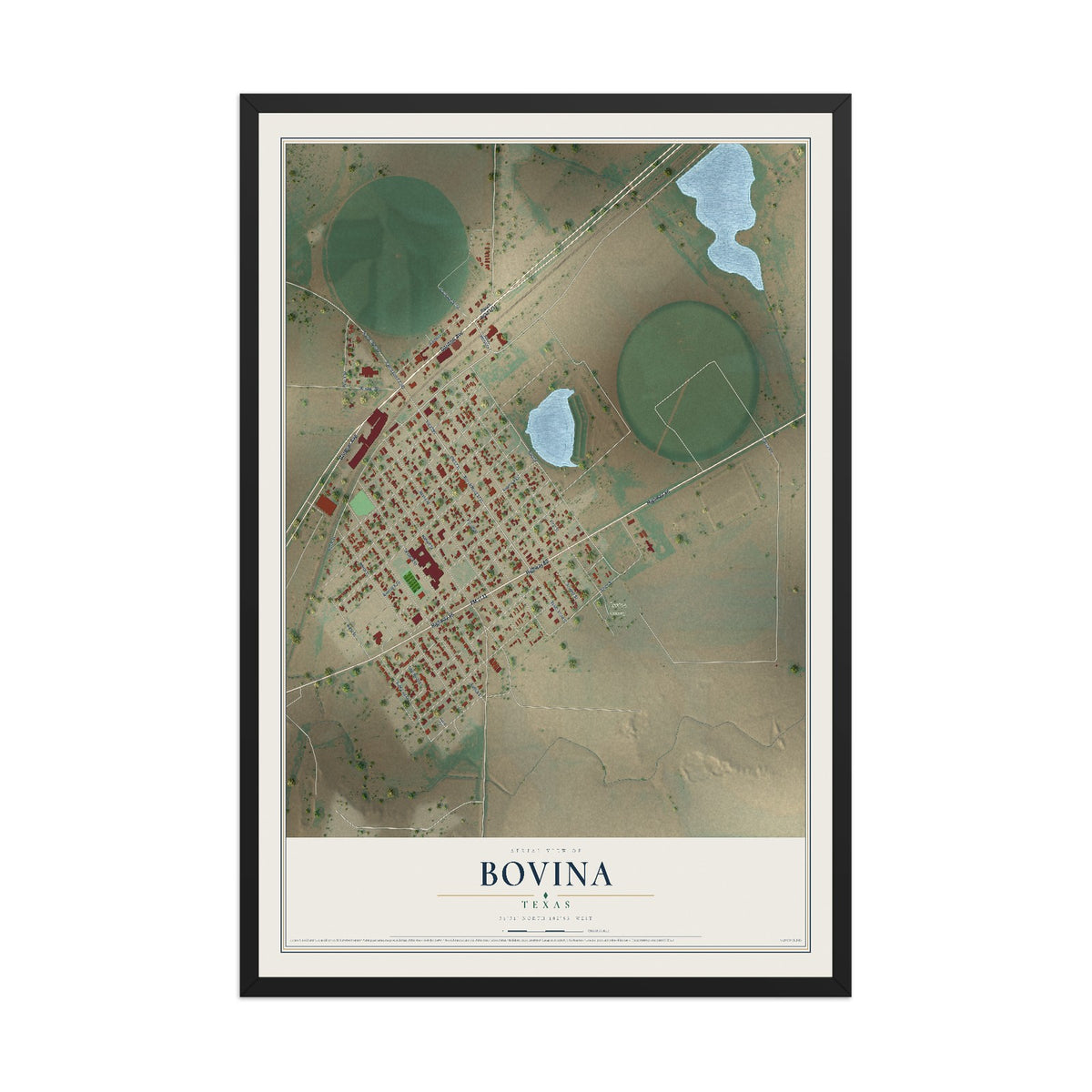 Map of Bovina, Texas, 12 x 18 inch print in a black wood frame