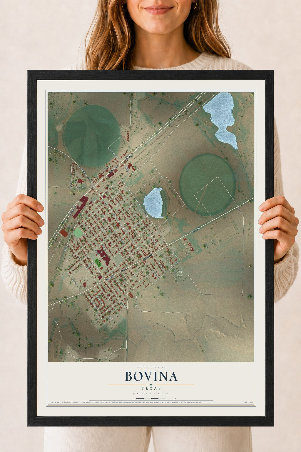 Map of Bovina, Texas, 18 x 24 inch print in a black wood frame