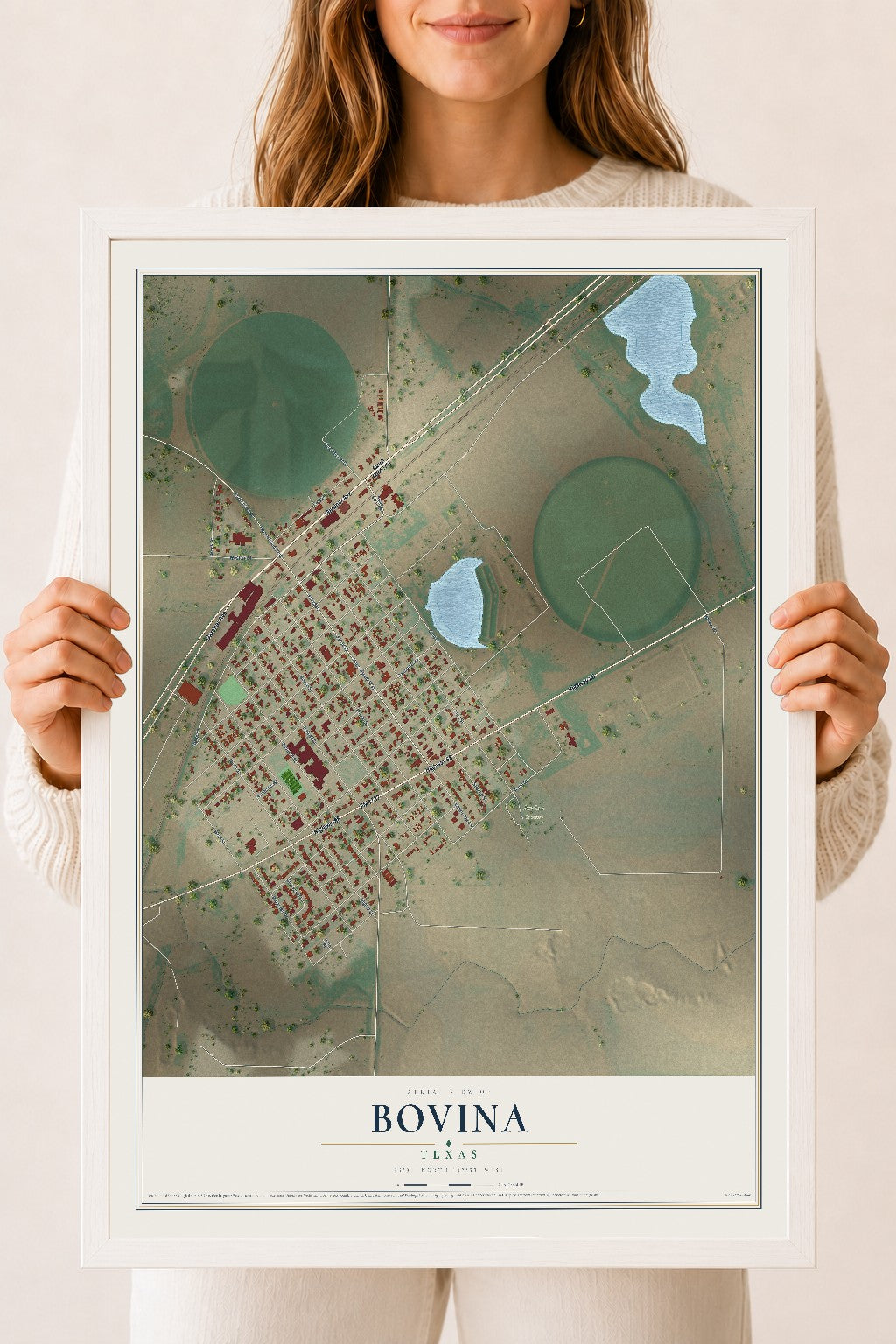 Map of Bovina, Texas, 18 x 24 inch print in a white wood frame