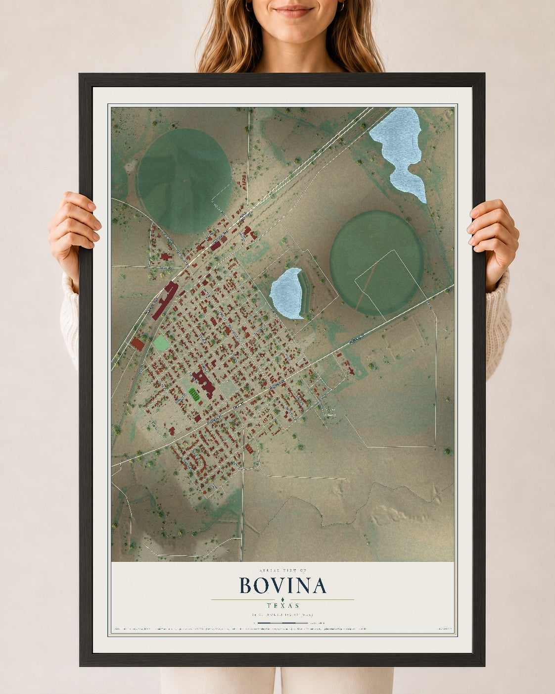 Map of Bovina, Texas, 24 x 36 inch print in a black wood frame