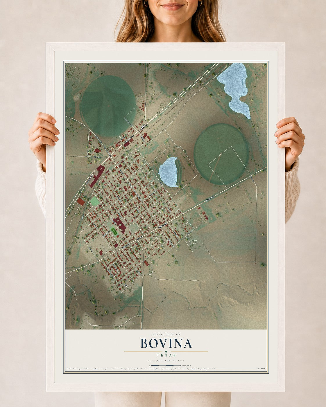 Map of Bovina, Texas, 24 x 36 inch print in a white wood frame