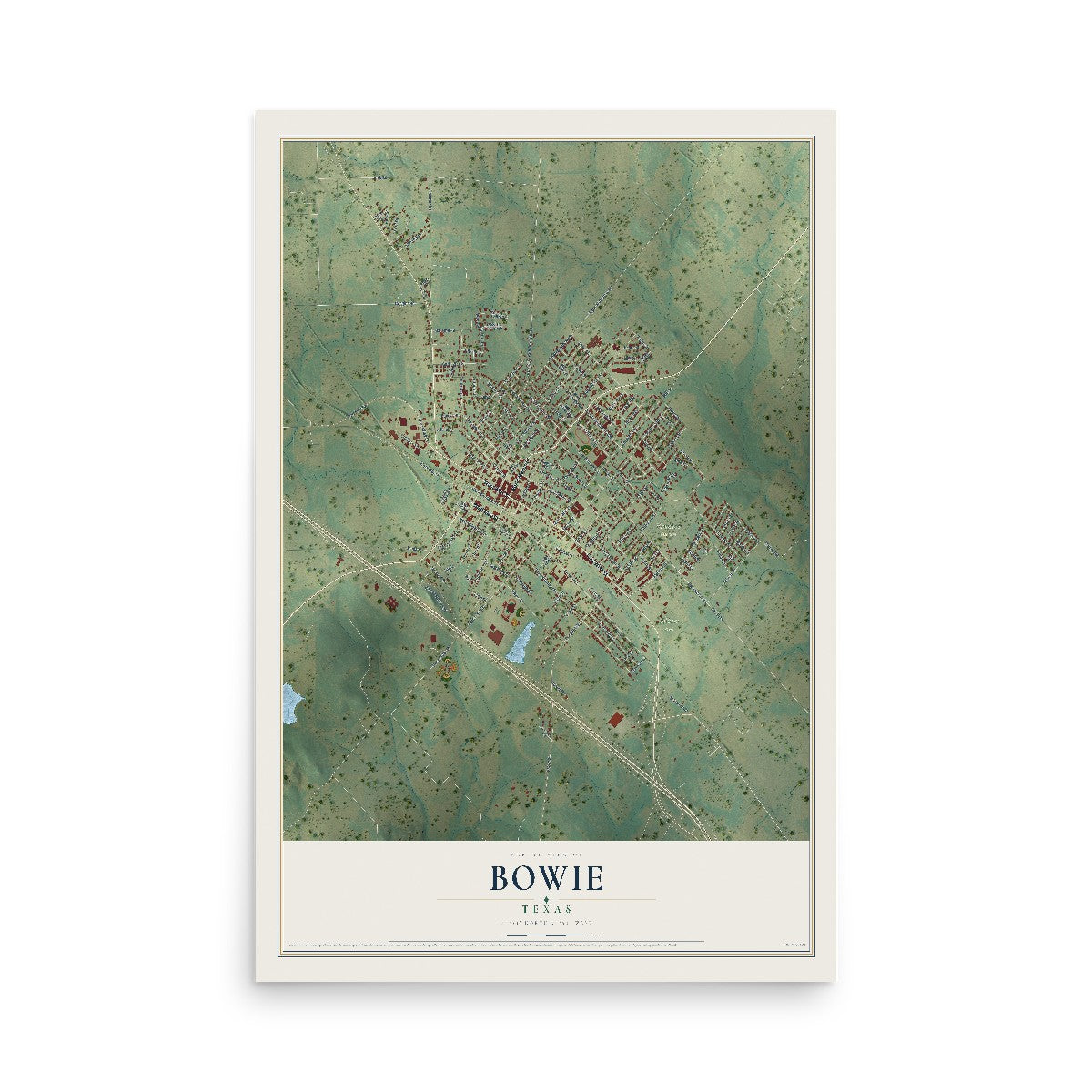 Map of Bowie, Texas, 12 x 18 inch unframed archival matte print
