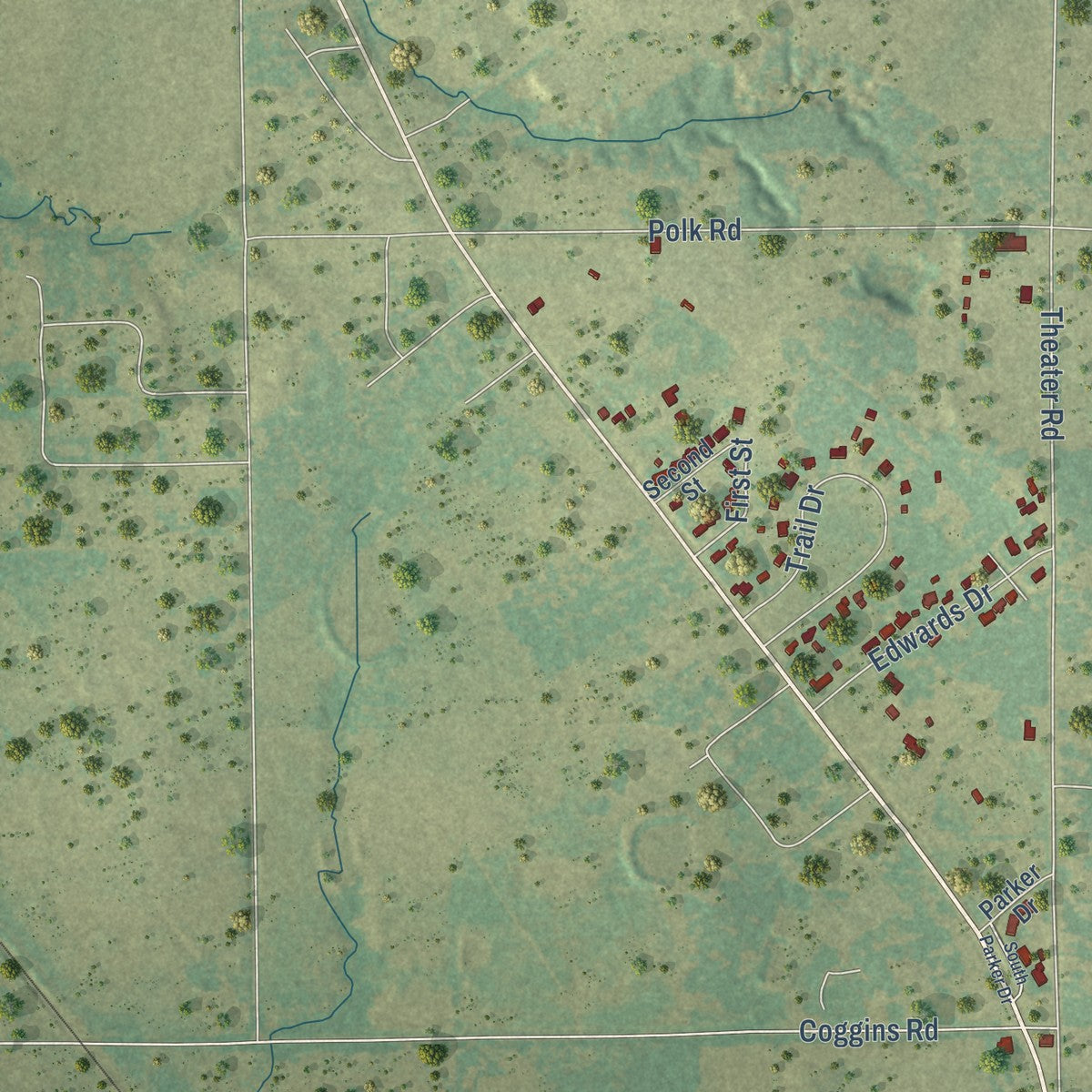 Second close-up of the map of Bowie, Texas print showing more streets and buildings