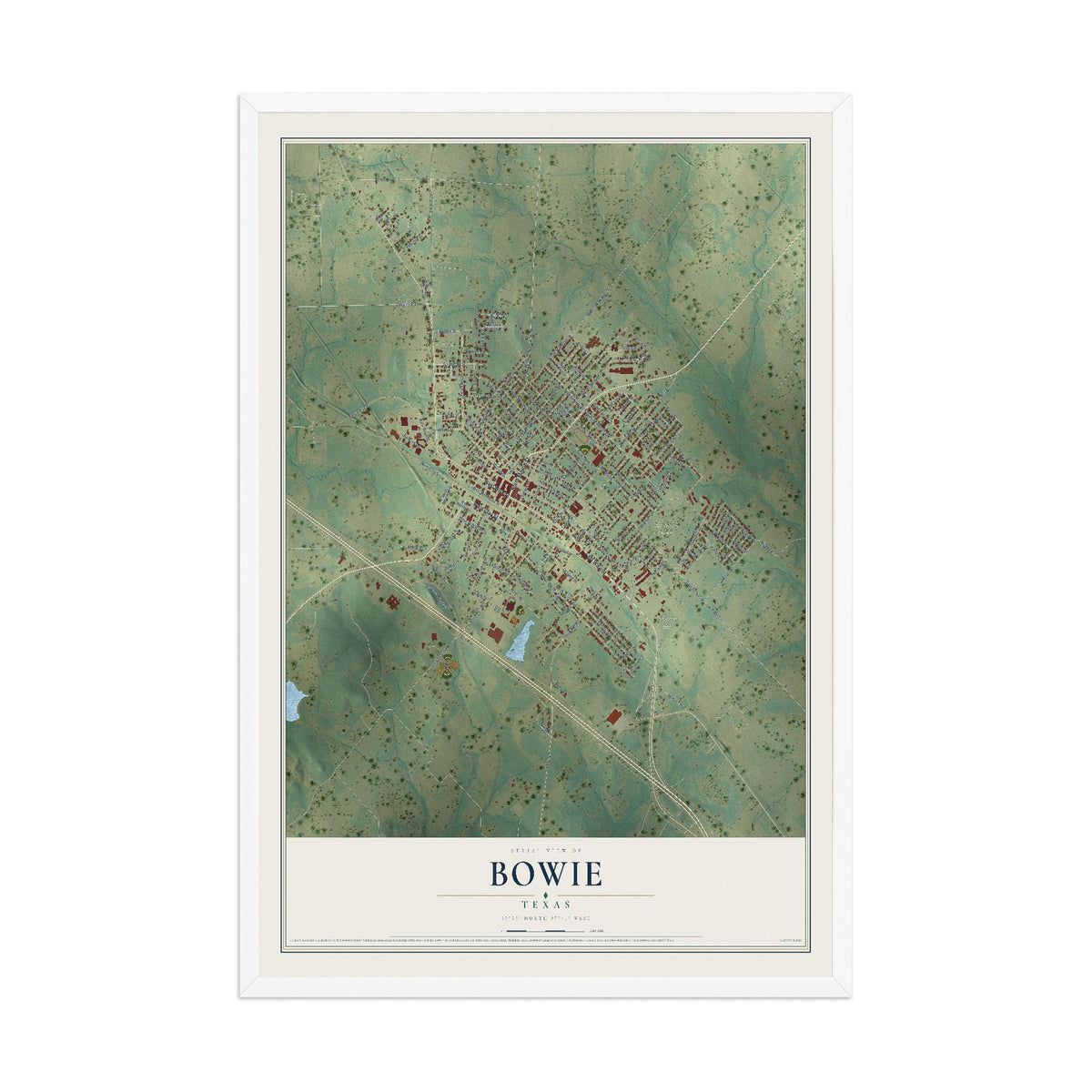 Map of Bowie, Texas, 12 x 18 inch print in a white wood frame