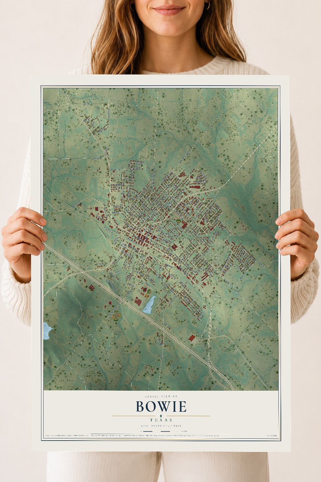 Map of Bowie, Texas, 18 x 24 inch unframed archival matte print
