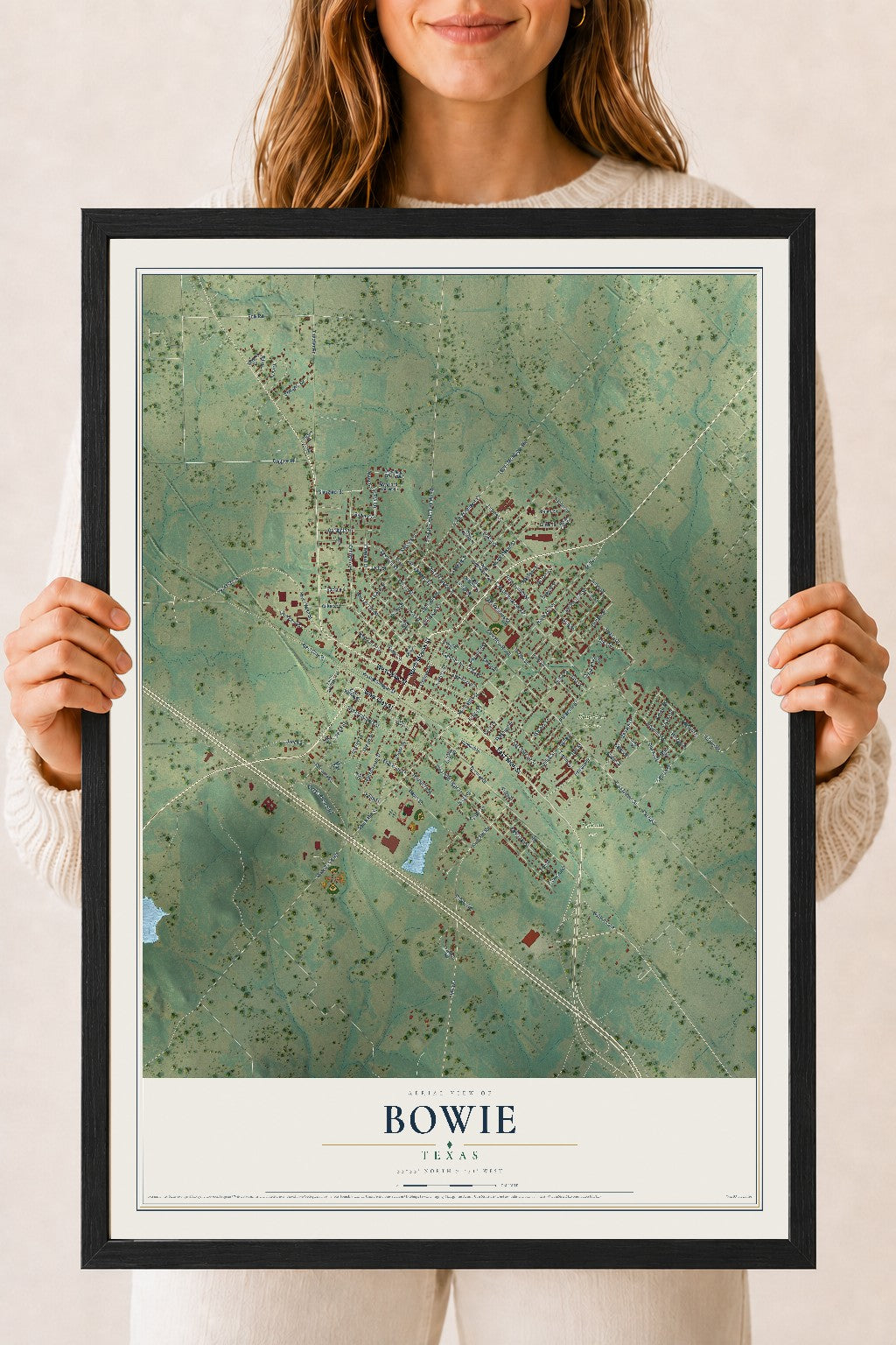 Map of Bowie, Texas, 18 x 24 inch print in a black wood frame