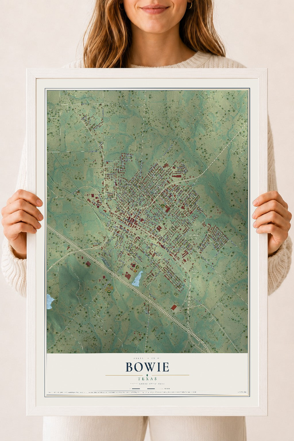 Map of Bowie, Texas, 18 x 24 inch print in a white wood frame