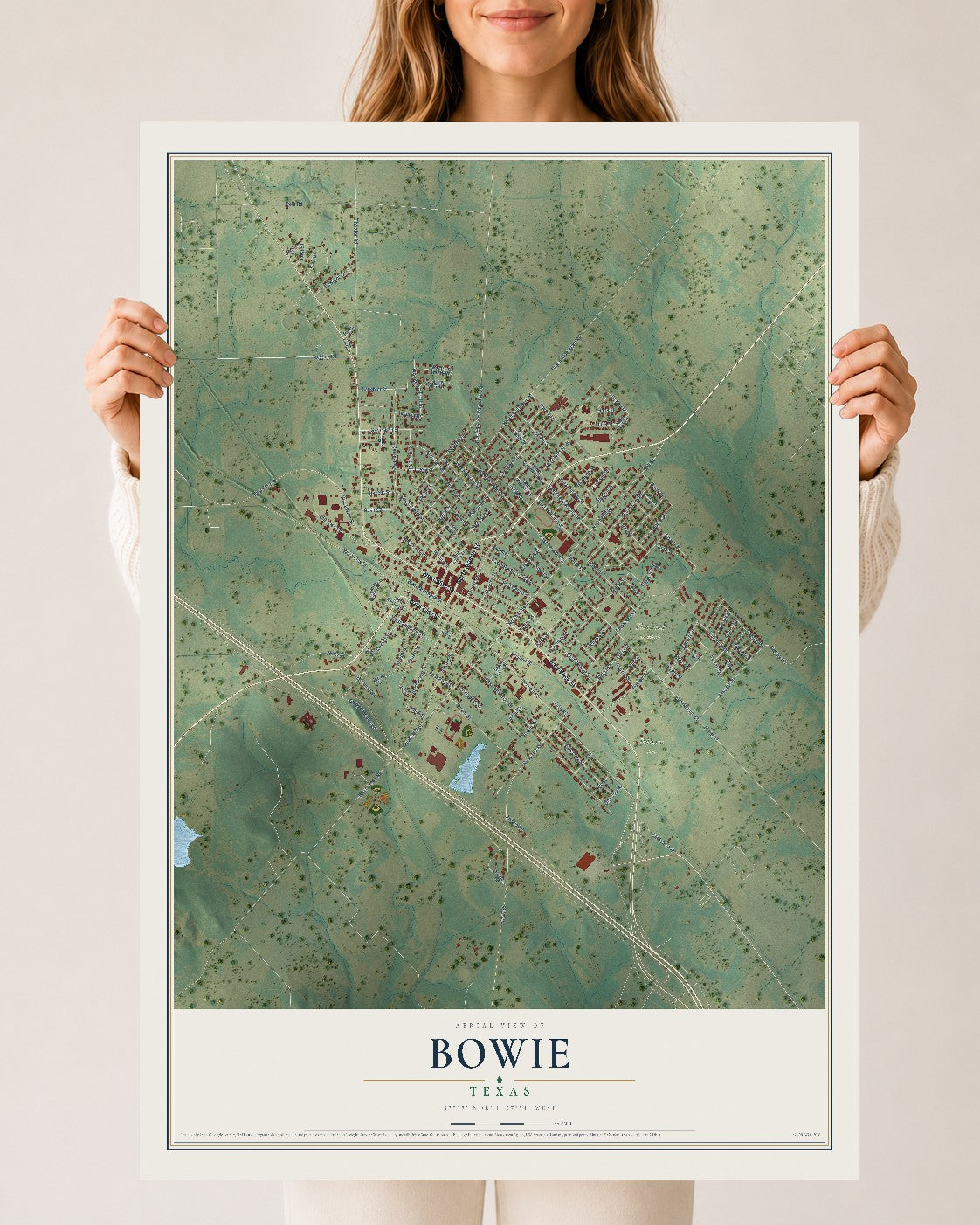 Map of Bowie, Texas, 24 x 36 inch unframed archival matte print