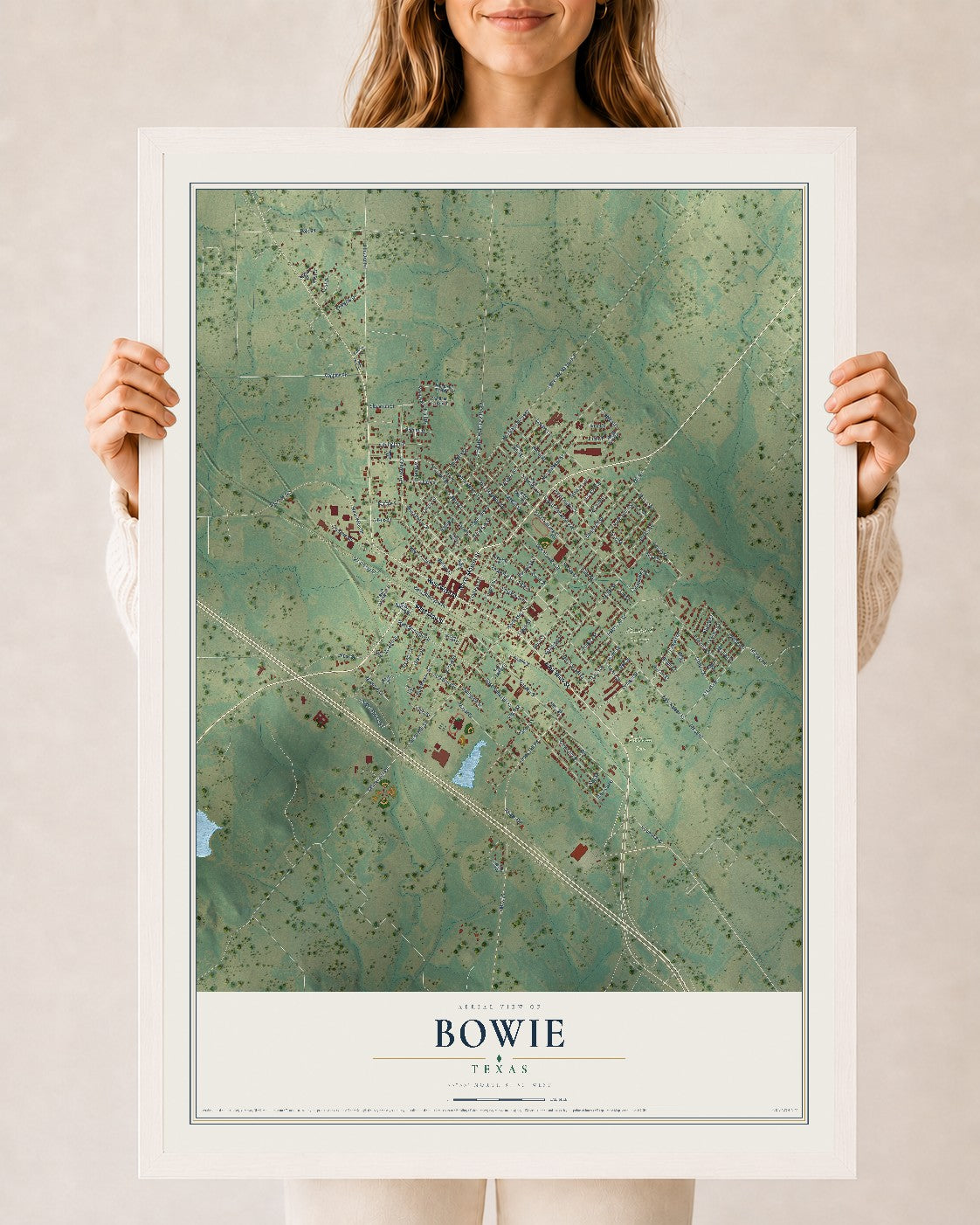 Map of Bowie, Texas, 24 x 36 inch print in a white wood frame