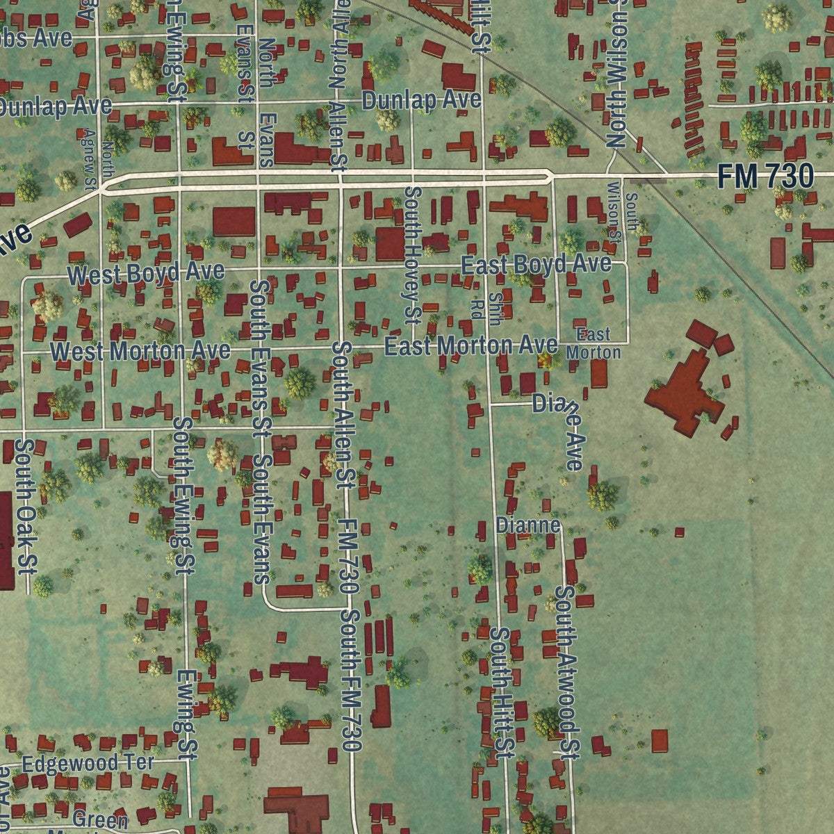 Close-up of the map of Boyd, Texas print showing street and building detail