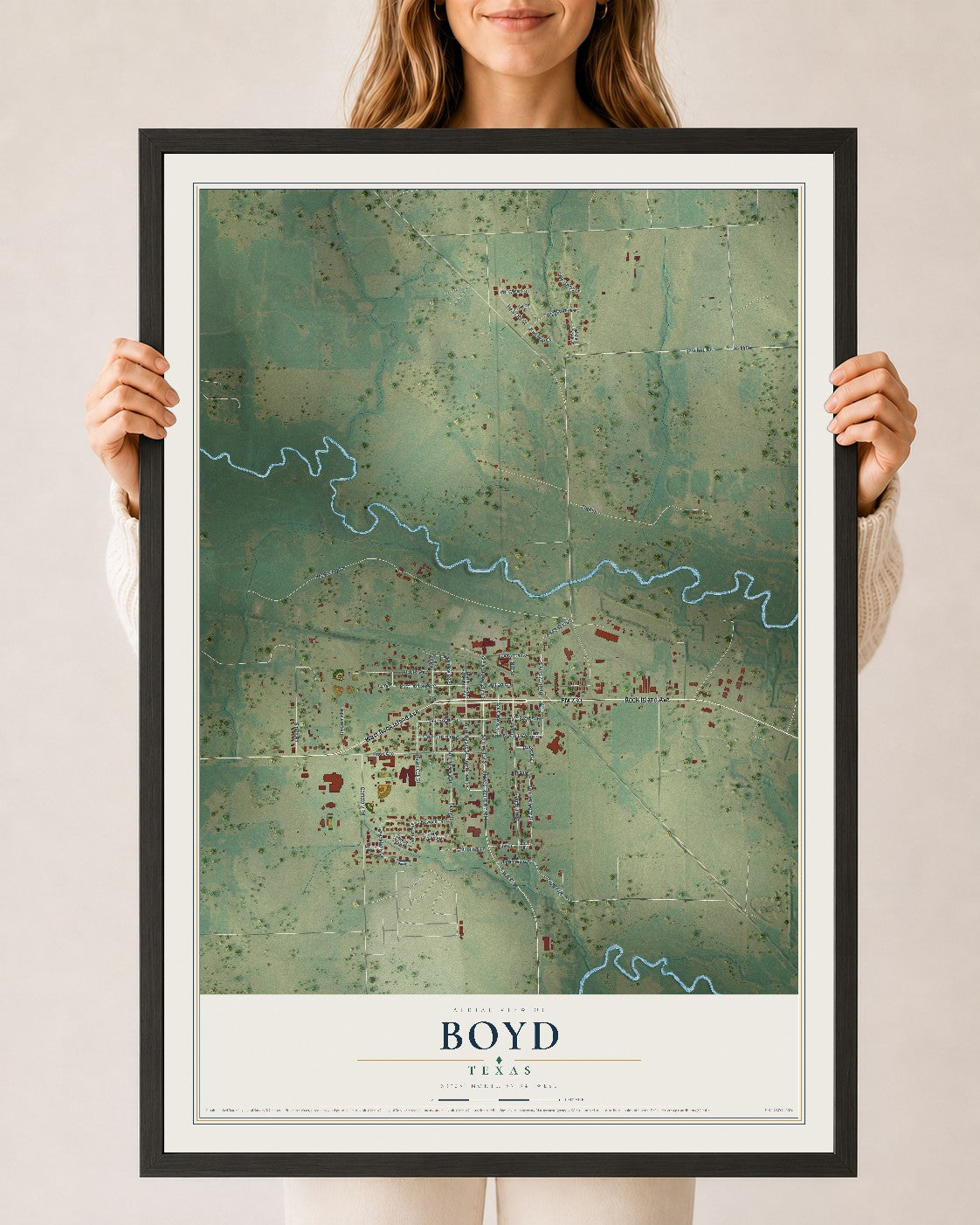 Map of Boyd, Texas, 24 x 36 inch print in a black wood frame
