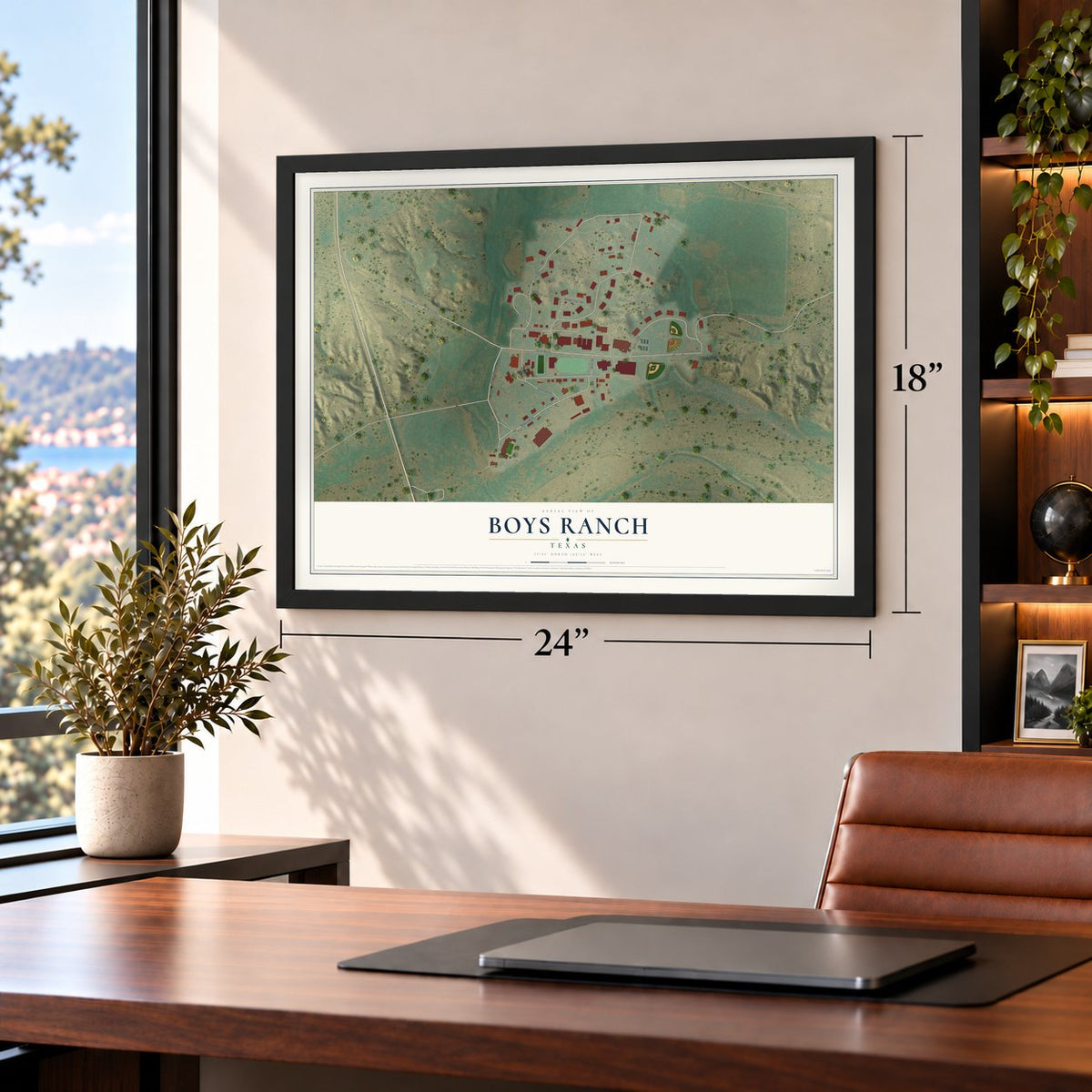 Boys Ranch, Texas map, 18 x 24 inch print in a black frame in a home office