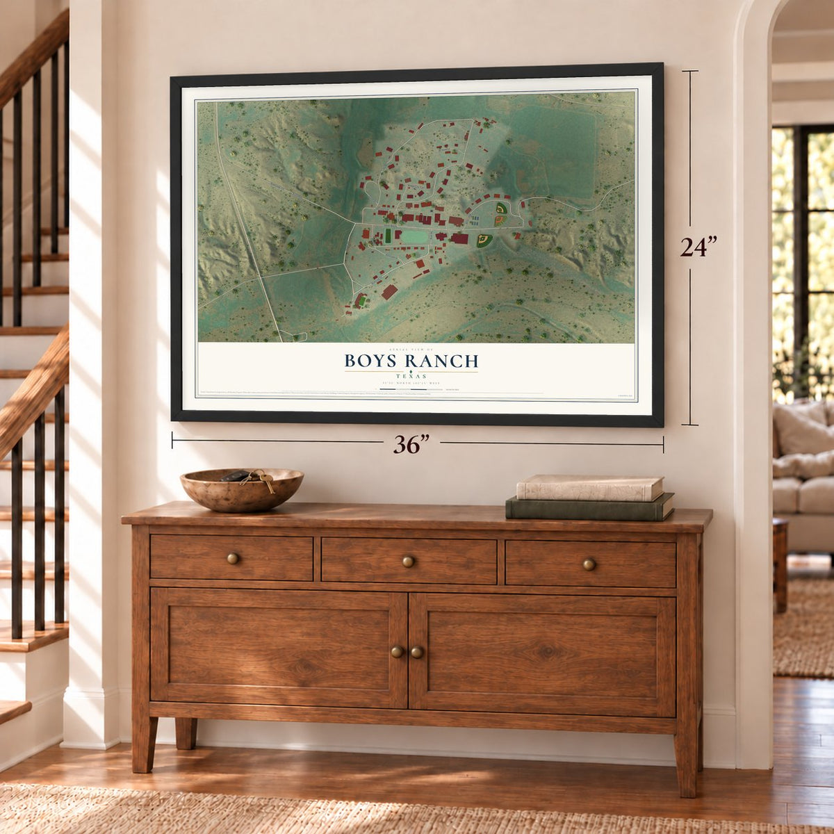 Boys Ranch, Texas map, 24 x 36 inch print in a black frame above a dresser by a staircase