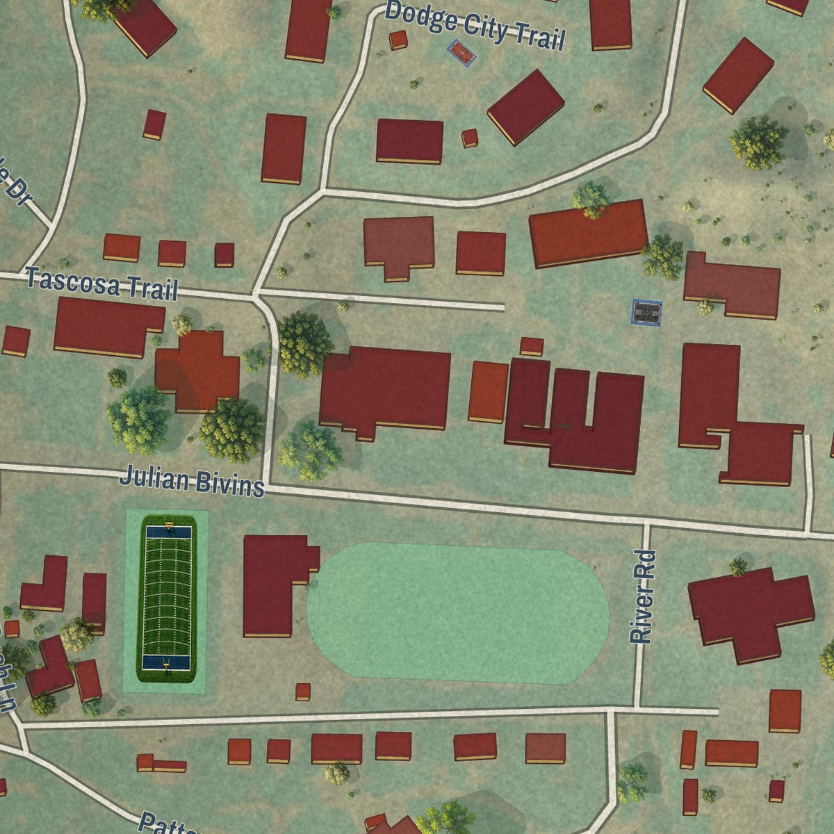 Close-up of the map of Boys Ranch, Texas print showing street and building detail